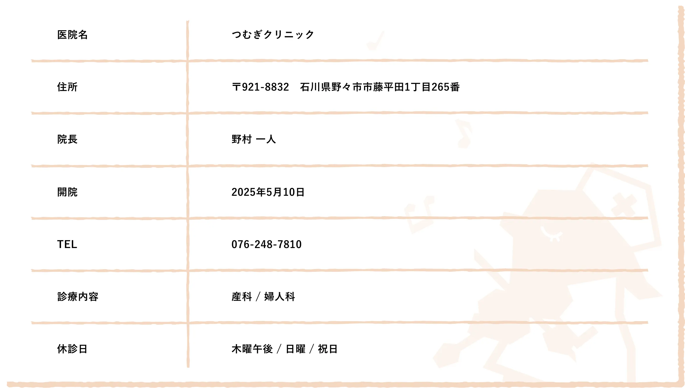 医院名　つむぎクリニック,住所　〒921-8832　石川県野々市市藤平田1丁目265番,院長　野村 一人,開院　2025年5月10日,TEL　076-248-7810,診療内容　産科 / 婦人科,休診日　木曜午後 / 日曜 / 祝日