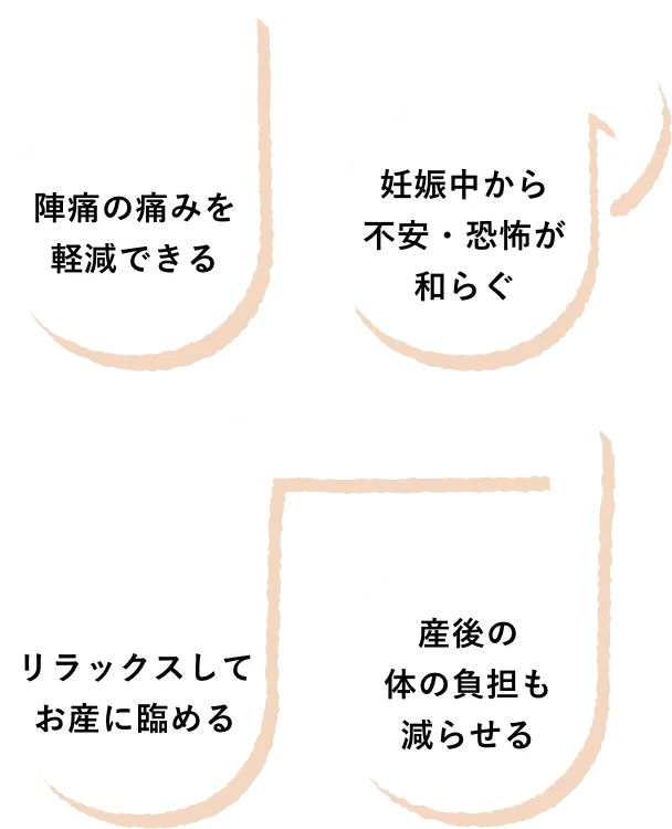 陣痛の痛みを軽減できる/妊娠中から不安・恐怖が和らぐ/リラックスしてお産に臨める/産後の体の負担も減らせる