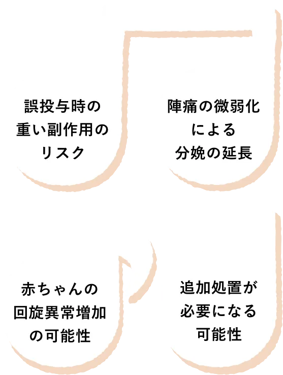 誤投与時の重い副作用のリスク/陣痛の微弱化による分娩の延長/赤ちゃんの回旋異常増加の可能性/追加処置が必要になる可能性