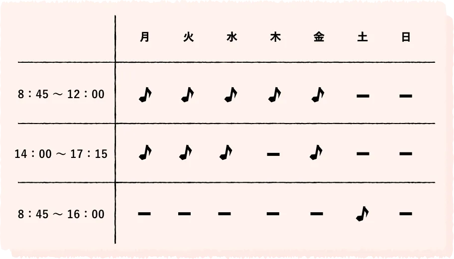 8:45~12:00 (月,火,水,木,金) /14:00~17:15 (月,火,水,金) / 8:45~16:00 (土)