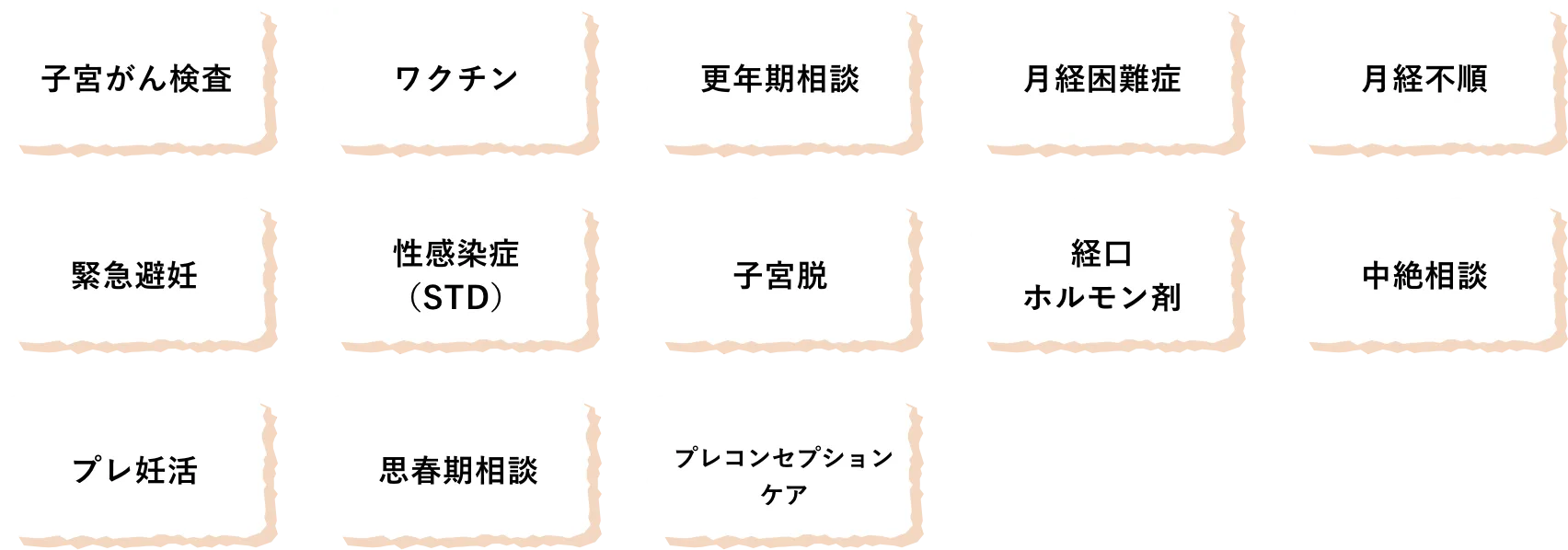 子宮がん検査/ワクチン/更年期相談/月経困難症/月経不順/緊急避妊緊急避妊/性感染症（STD）/子宮脱/経口ホルモン剤/中絶相談/プレ妊活/思春期相談/プレコンセプション
                        ケア
